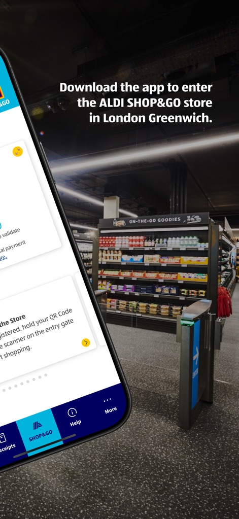 ALDI SHOP&GO - This tool guides users through the initial setup, clearly displaying the call to action to download the app and the prominent entry gates.