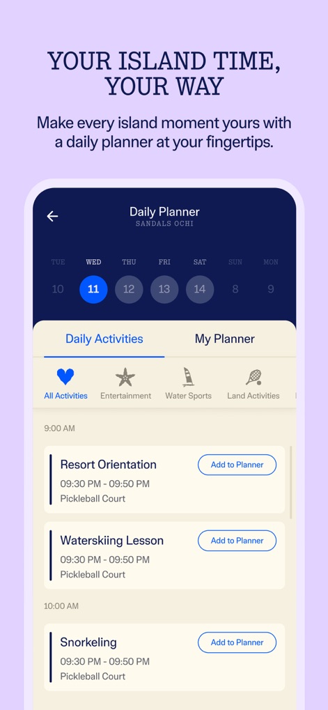 Sandals & Beaches Resorts - Users can customize their vacation schedule using the interactive daily planner, which features categorized activity listings and easy addition to their itinerary.