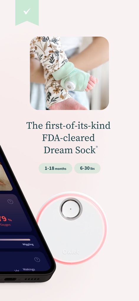 Owlet Dream - Explore the design of the FDA-cleared Dream Sock and its sleek charging base, ensuring secure and continuous monitoring.