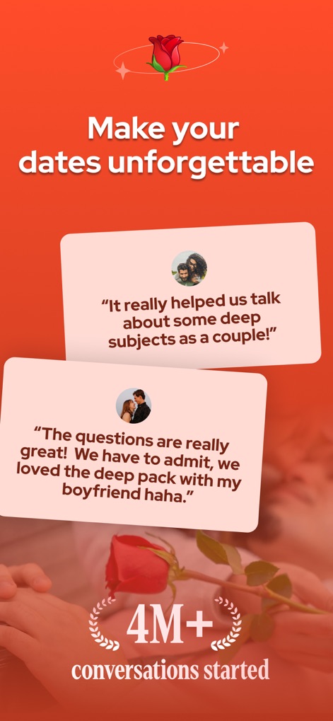 Debatium - Couple Game Convo - Dois testemunhos autênticos de usuários enfatizam a eficácia do aplicativo, ao lado da métrica impressionante de mais de 4 milhões de conversas iniciadas.