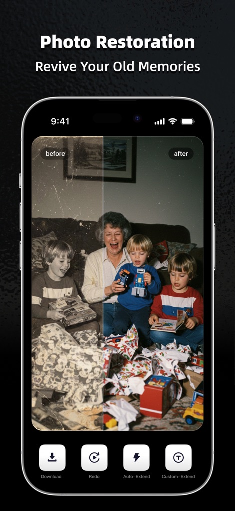 AI Marvels - AI Photo Editor - This powerful feature restores old and damaged photos, clearly illustrating the "before" and "after" improvements and offering quick action buttons.