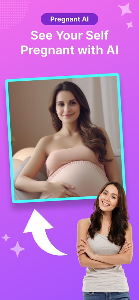 AI Baby Generator Baby Blend - This tool enables users to "See Yourself Pregnant with AI," transforming a standard photo into an image of a future mother-to-be.