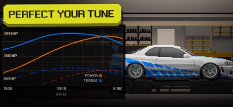 APEX Racer - この画面では、詳細なパワーとトルクのグラフを確認しながら、ユーザーはダイノ上に設置された車体の性能を細かく調整し、自分だけの最適なセッティングを作り上げることができます。