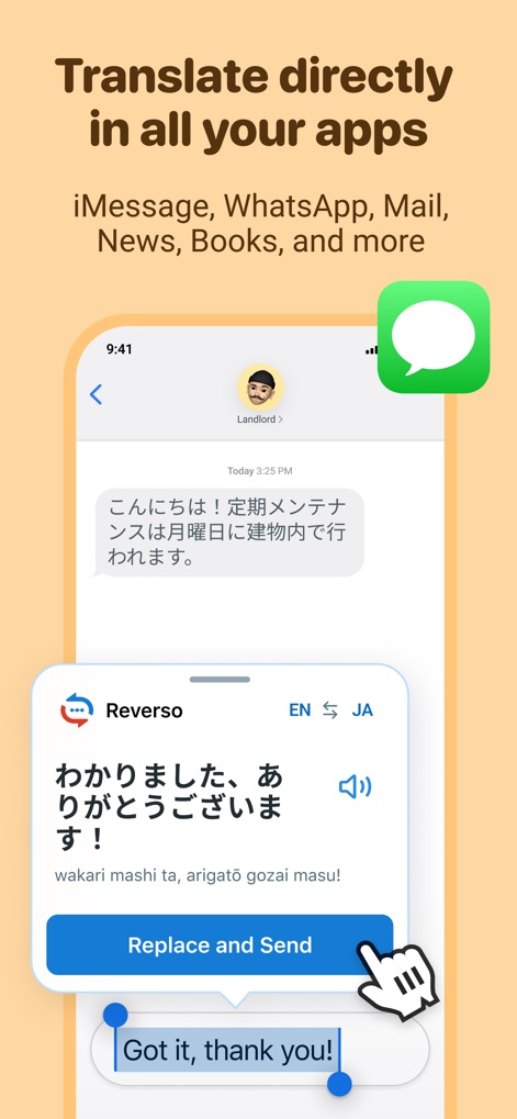 Reverso translate and learn - Esta imagem demonstra a "integração com outros aplicativos" ao traduzir uma mensagem em japonês dentro de um chat. A "opção de 'Replace and Send'" (substituir e enviar) com um ícone de ponteiro do mouse simplifica a comunicação.