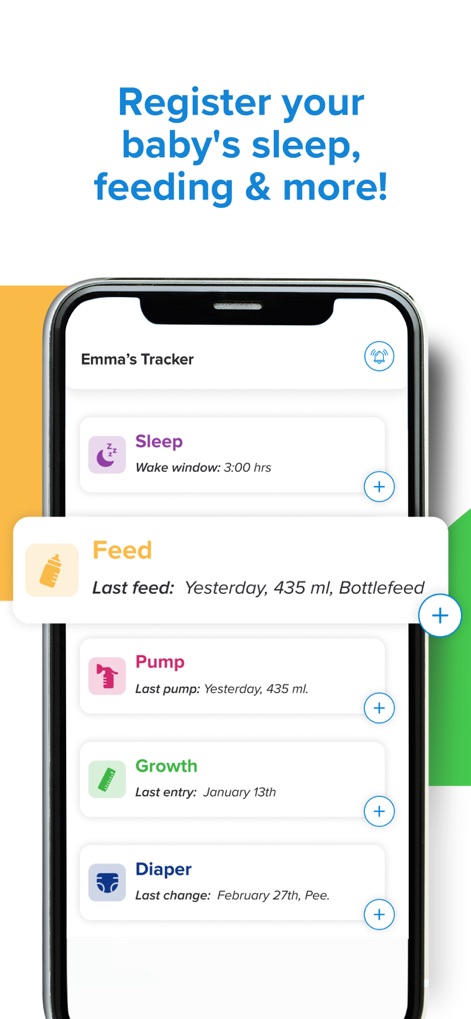 Kinedu: Baby Development - The app provides a detailed "Emma's Tracker" where users can log baby activities including "Feed" times and "Diaper" changes.