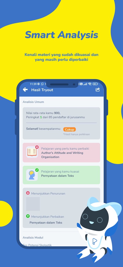 Pahamify: Bimbel UTBK SNBT TKA - Discover the powerful Smart Analysis feature, providing users with overall performance metrics such as average score and rank, alongside a clear breakdown of mastered and improvement-needed subject areas.