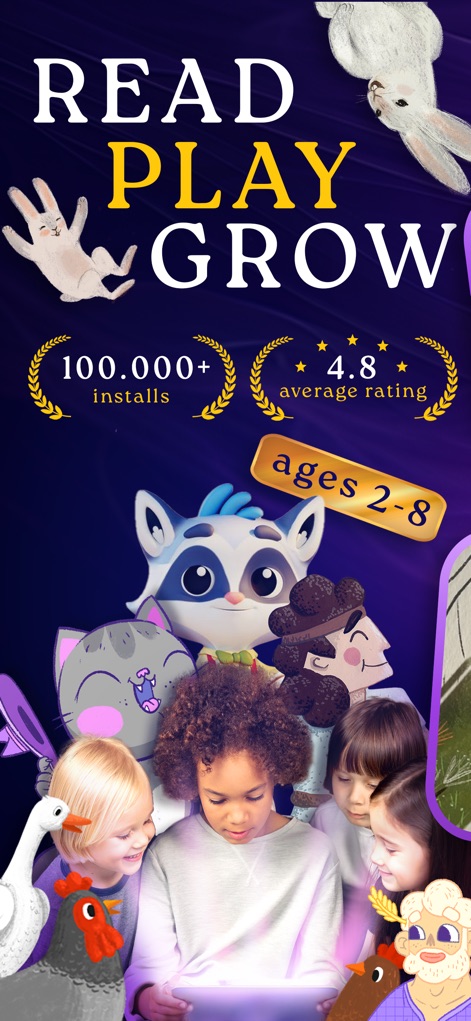 Boook: Interactive Kids Books - Discover the app's broad appeal for young learners, as evidenced by the "ages 2-8" badge and the diverse group of children engaging with the content.