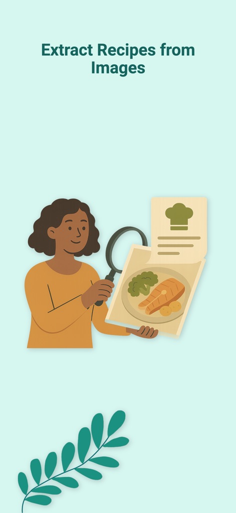 Meal Planner & Grocery List - The app offers innovative recipe import capabilities, allowing users to extract recipes directly from images, symbolized by the magnifying glass and chef's hat icon.