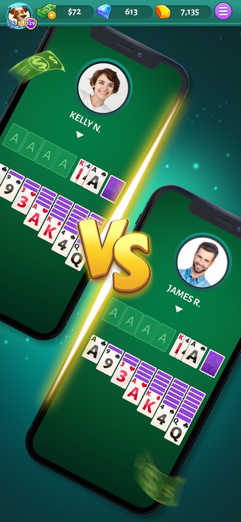 Solitaire Cash - This screenshot illustrates the exciting head-to-head competitive mode, featuring a split-screen display and clear player profiles for engaging real-time matchups.