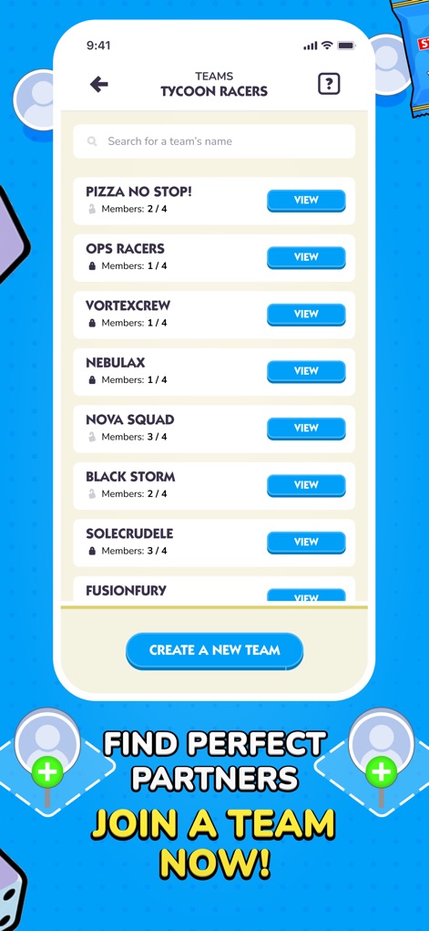 Sticker GO! - Esta sección muestra cómo los usuarios pueden unirse a la comunidad, presentando una "lista de equipos" y la funcionalidad "CREATE A NEW TEAM".