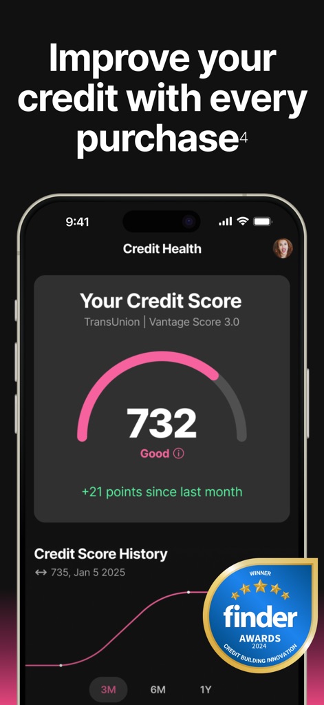 Step: All-In-One Money App - Users can effectively monitor their financial health with a clear 732 credit score display and a visual graph tracking historical progress.