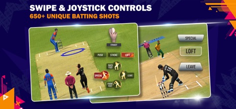 Real Cricket™ Swipe - Master the intuitive swipe and joystick controls to execute over 650 unique batting shots, showcasing options like "LOFT" and "SPECIAL" shots.