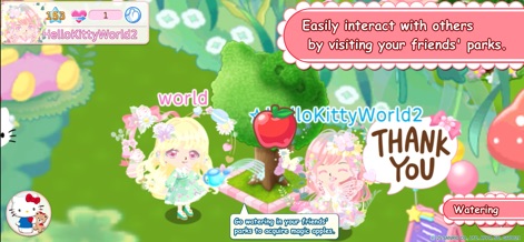 Hello Kitty World 2 - The app facilitates social interaction, enabling players to visit friends' parks and engage in collaborative activities like watering plants to earn "magic apples."