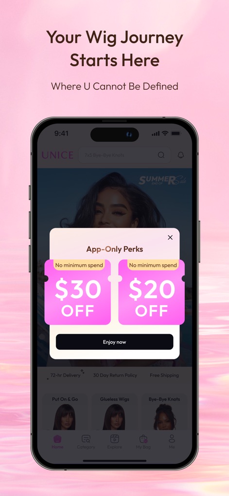 UNice: Wigs & Hair Bundles - 사용자는 최소 구매 금액 없는 할인과 같은 앱 전용 혜택을 통해 위그 쇼핑 여정을 시작할 수 있습니다.