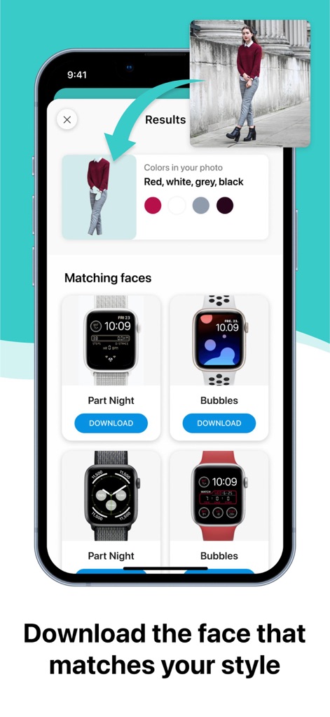 Buddywatch - Watch Faces - The app leverages intelligent AI to suggest watch faces that perfectly complement a user's attire, extracting color palettes and presenting relevant options.