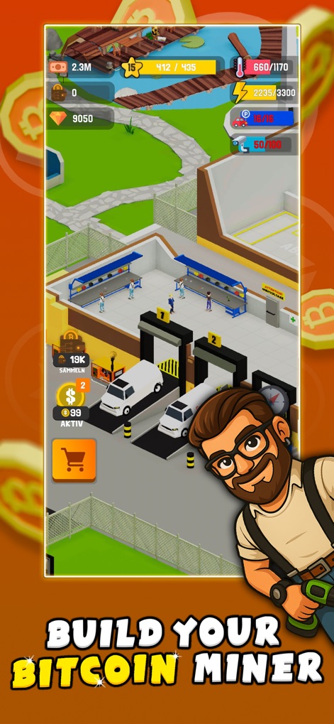 Bitcoin Miner Bro - Tycoon - This view showcases the construction process, featuring production lines and delivery vehicles for expanding mining infrastructure.