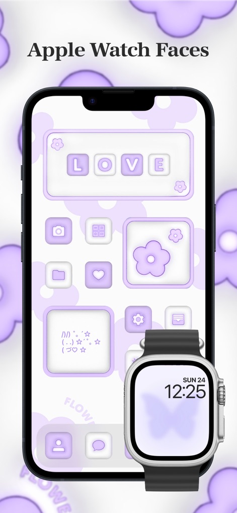 Photo Widget - Themes & Icons - Experience seamless ecosystem sync, where an iPhone home screen with a 3D "LOVE" widget perfectly matches the theme on an Apple Watch face.