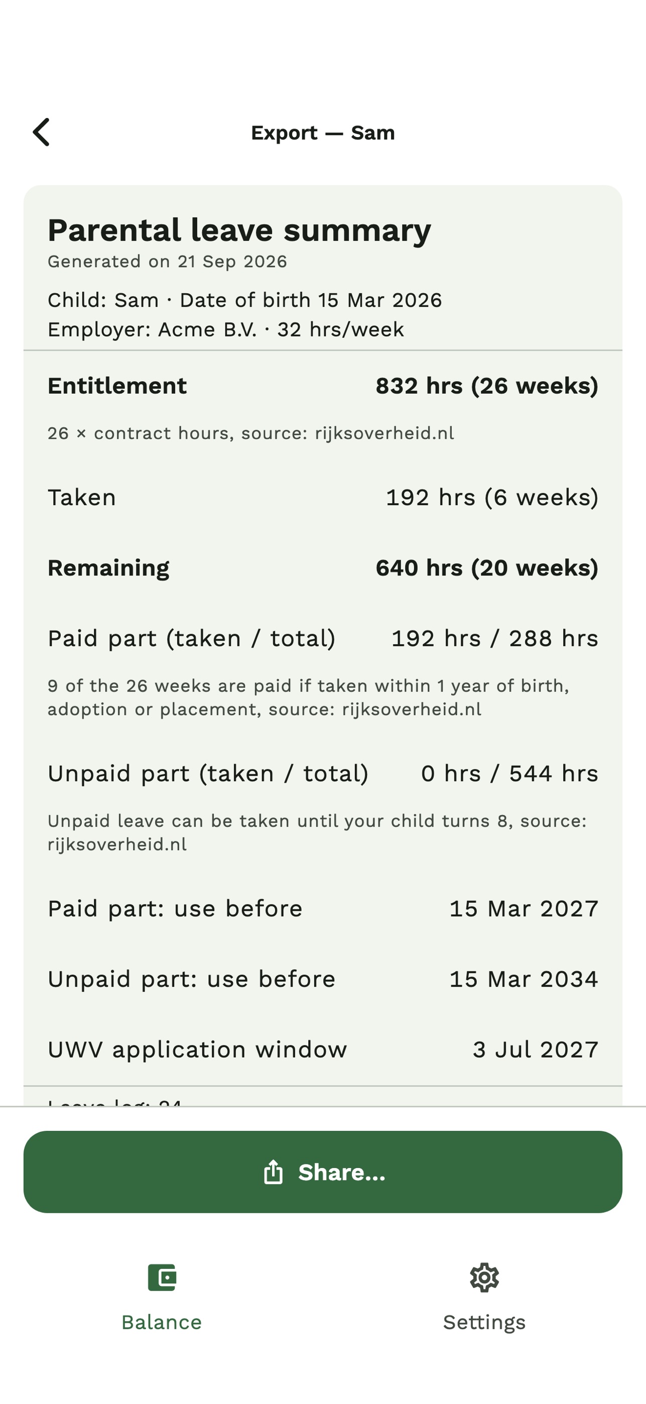 Screenshot 7 of Verlofsaldo: Parental Leave
