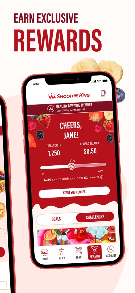 Smoothie King - このスクリーンショットでは、ユーザーが獲得したポイントと利用可能な報酬残高を一目で確認できます。「TOTAL POINTS」表示と「REWARD BALANCE」機能により、特典の管理が容易です。