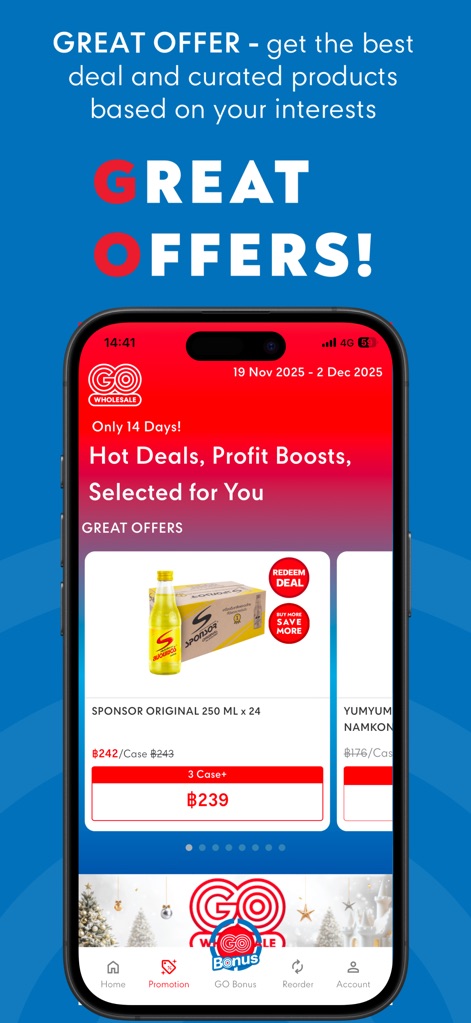 GO WHOLESALE - The app's 'GREAT OFFERS' section curates personalized hot deals and profit boosts, allowing users to discover discounted products and benefit from 'BUY MORE SAVE MORE' promotions.