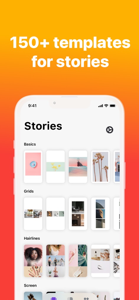 Repost Posts Videos: RepostMax - Questo strumento offre una vasta selezione di oltre "150+ template per storie", organizzati in categorie chiare come "Basics" e "Grids" per facilitare la scelta.