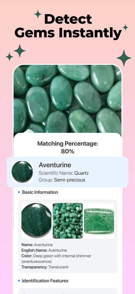 Lens AI: Scan & Identify All - This tool provides instant gemstone identification, clearly showing the matching percentage for a given sample and presenting comprehensive basic information, complete with visual examples of the identified gem.