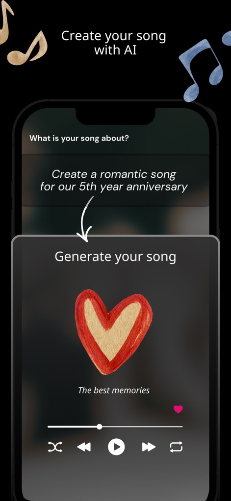 Kimo: AI Photo & Face Analyzer - Genera brani musicali personalizzati, specificando il tema con il prompt 'Create a romantic song for our 5th year anniversary' e ascoltando la canzone intitolata 'The best memories'.