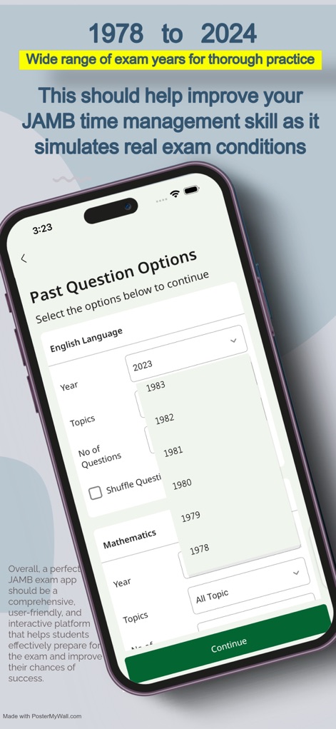 JAMB CBT PRACTICE 2026 - LFX - Los usuarios pueden configurar sus sesiones de práctica seleccionando el "Year" de los exámenes anteriores y ajustando el "No of Questions" para una preparación personalizada.
