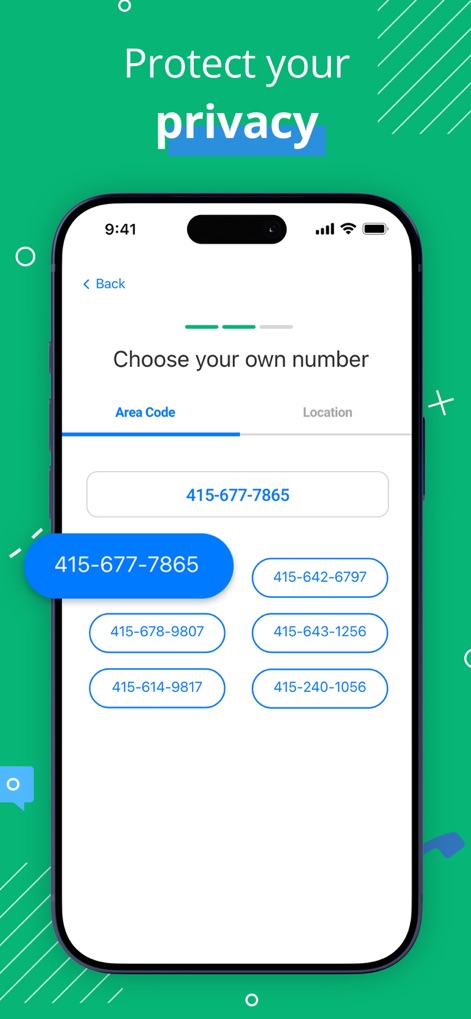 Line2 - Second Phone Number - Die App ermöglicht es Nutzern, ihre Privatsphäre zu schützen, indem sie ganz einfach eine eigene Rufnummer auswählen können, mit einer klaren Auswahloption für verschiedene verfügbare Nummern.