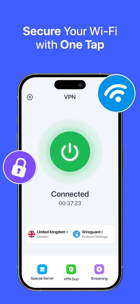 VPN for iPhone · - Esta imagen destaca la seguridad instantánea de la conexión Wi-Fi, con un gran icono de Wi-Fi y un candado que simboliza la protección, garantizando una navegación segura en cualquier red.