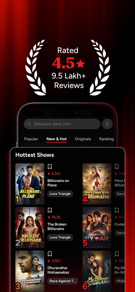 Kuku TV: Short Drama & Stories - The app proudly displays its high user satisfaction with 'Rated 4.5 Stars and 9.5 Lakh+ Reviews' and highlights popular content in the 'New & Hot' section featuring 'Hottest Shows' with numerical rankings.