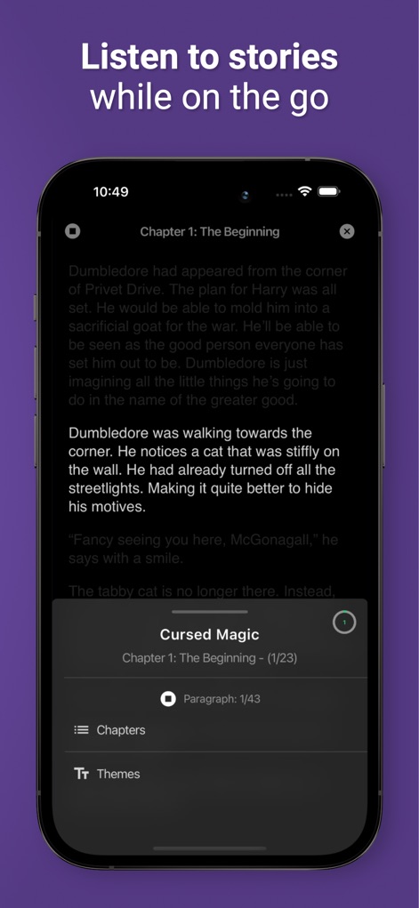FanFiction | AO3 unofficial - Esta función de Text-to-Speech permite a los usuarios disfrutar de sus historias favoritas en formato de audio, mostrando el progreso de la lectura y ofreciendo acceso rápido a los "Chapters" y "Themes" mientras se escucha.
