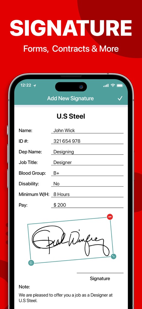 PDF Reader - PDF Editor - Discover the app's capability for secure digital signing, enabling users to effortlessly fill professional form fields and apply a personalized drawn signature.