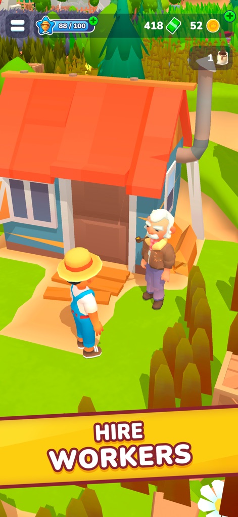 Little Farm Story: Idle Tycoon - Esta captura revela la oportunidad de interactuar con personajes no jugadores, como un anciano con pipa, y la inclusión de una casa recién construida que indica el crecimiento de la infraestructura de la granja.
