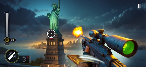 Grand Sniper: 3D Shooting Game - Experience high-impact moments with a powerful sniper rifle firing, directly overlooking the majestic and globally recognized Statue of Liberty.