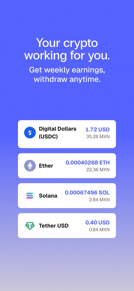 Bitso: Save and invest easily - Discover how the platform showcases digital assets like 'Digital Dollars (USDC)' and 'Ether' actively generating weekly earnings for users.