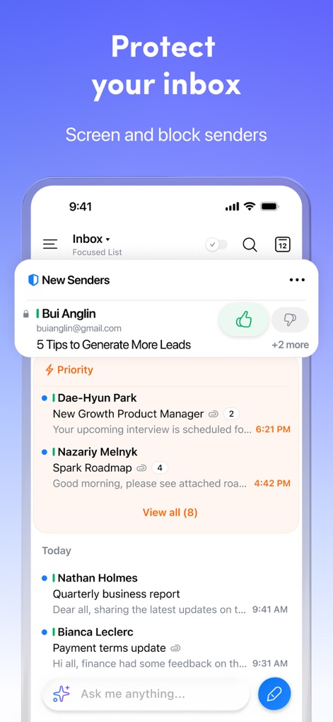 Spark AI Email & Calendar - Users can effectively screen "New Senders" like "Bui Anglin" and view their most crucial communications within the designated "Priority" section.