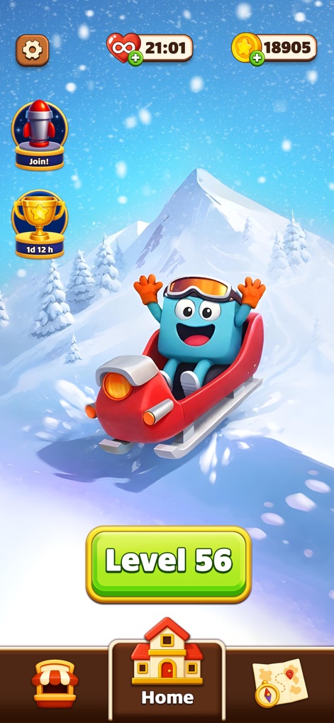 Maze Fill - Explore the vibrant main menu, featuring the joyful blue character on a sled, alongside the "Level 56" button for continued progression and access to events.
