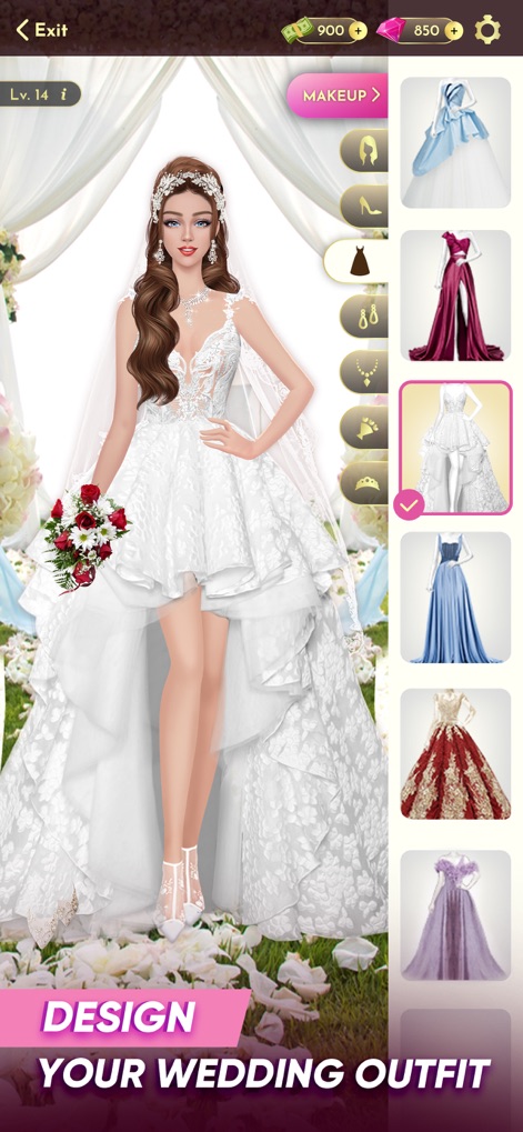 Wedding Stylist: Dress Up Game - La schermata evidenzia un abito da sposa unico con strascico lungo e parte anteriore corta, mettendo in mostra le ricche opzioni di personalizzazione di vestiti e accessori disponibili per gli utenti.