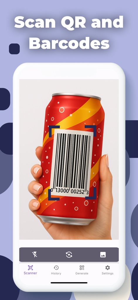 QR Code Reader App - ScanQR - Cet outil permet de scanner efficacement les codes-barres de produits, tel que celui visible sur la canette, avec son cadre de détection clair et réactif.