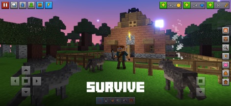 Block World 3D: Craft & Build - Experience the app's survival mechanics as a character wields a sword to protect a rustic wooden house, surrounded by a pack of wild wolves in the expansive environment.