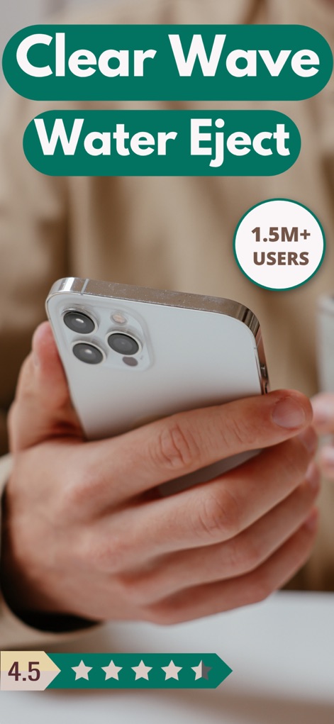 Clear Wave - Water Eject App - This initial view presents the app's brand identity, 'Clear Wave Water Eject', and highlights its popularity with '1.5M+ USERS'.