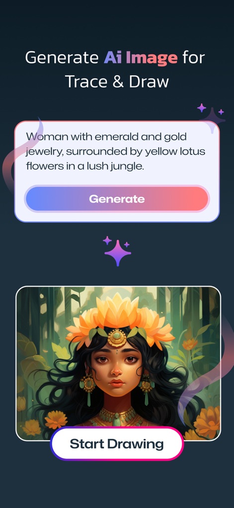 Draw Easy AI: AR Trace Sketch - Discover how to generate unique AI-made images from a text prompt, featuring a woman with lotus flowers and a prominent "Start Drawing" button.