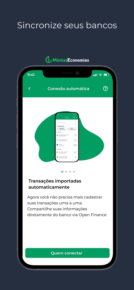 Minhas Economias - See how Minhas Economias facilitates automatic bank connections and imports transactions directly, enabling users to effortlessly manage their finances with Open Finance integration.