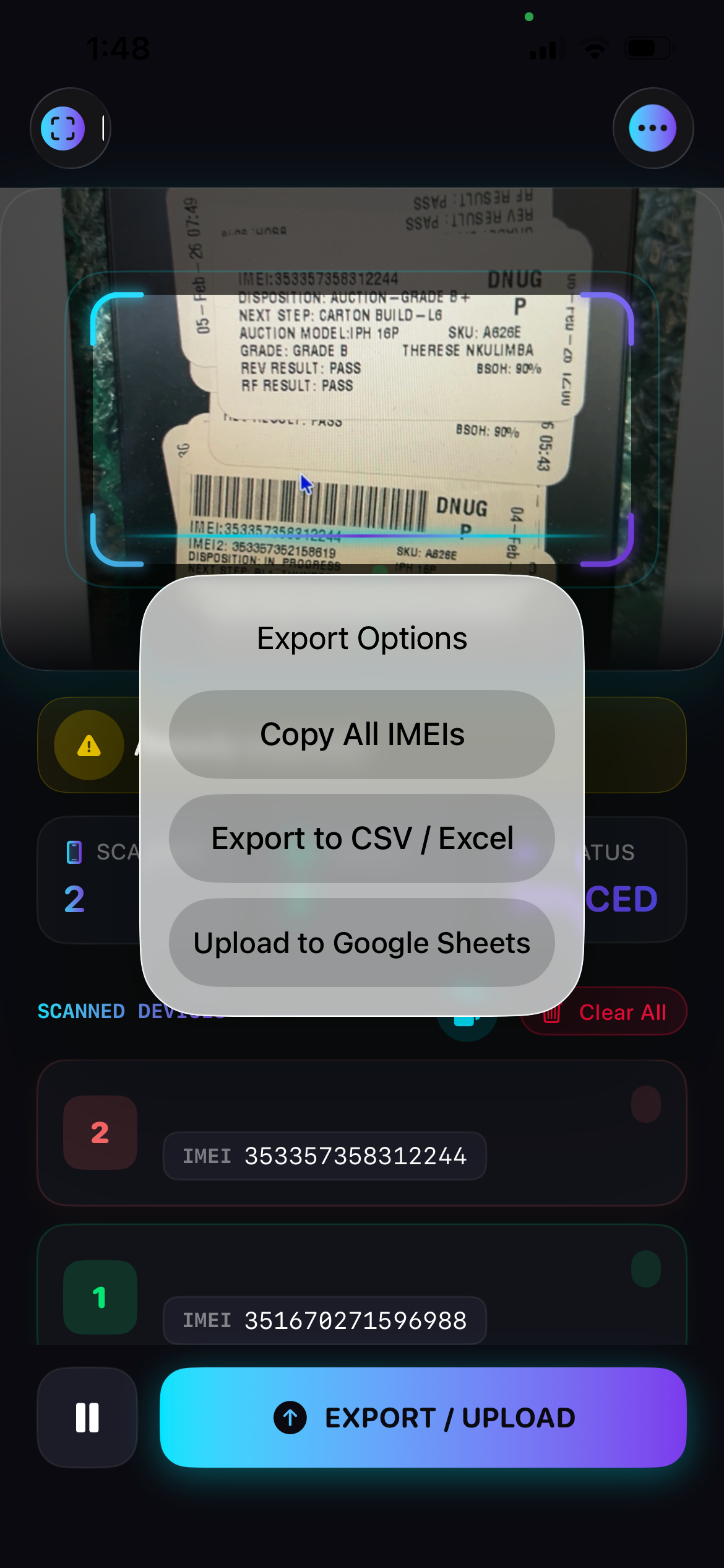 AI IMEI Scan to Spreadsheet