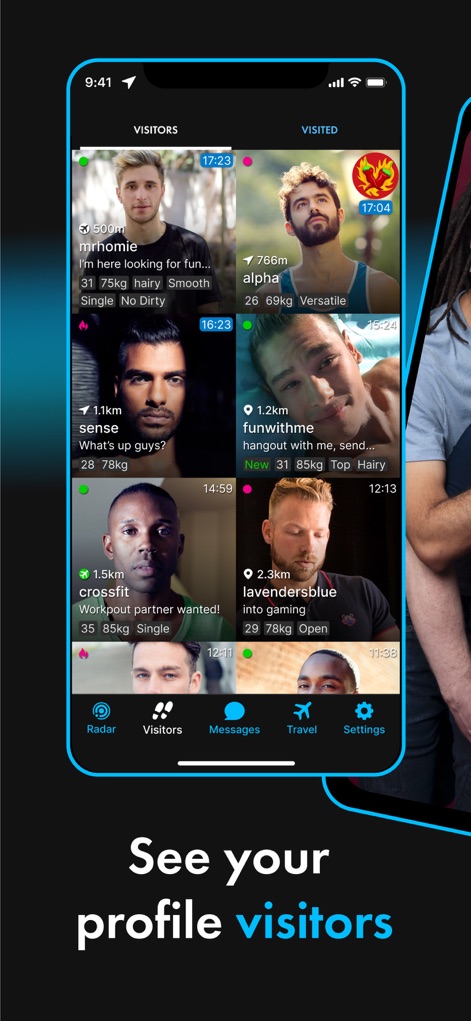 ROMEO - Gay Dating & Chat - Monitor who views your profile through the dedicated 'Visitors' tab, displaying a clear list of users with their distance and brief descriptive bios.