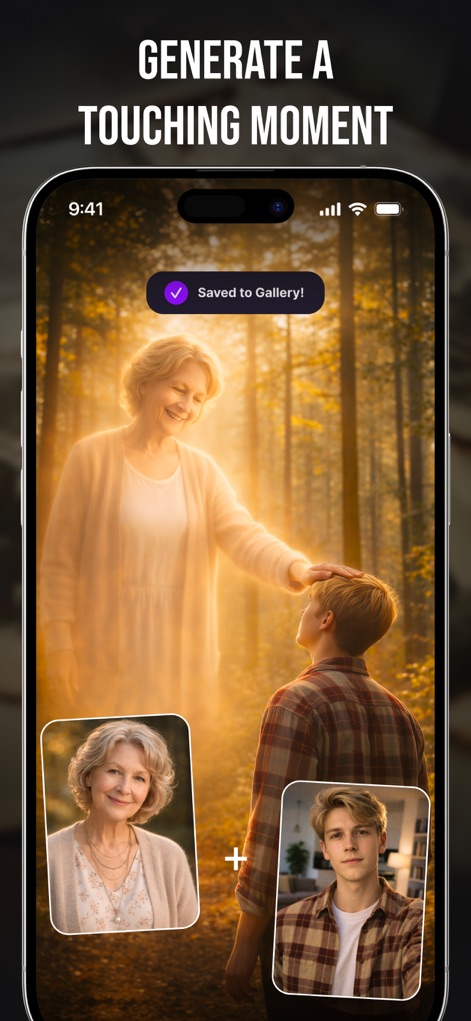 Live Photo: AI Image Generator - L'application permet de générer des scènes émotionnelles saisissantes, illustrant des interactions significatives et des connexions profondes avec des effets éthérés lumineux.