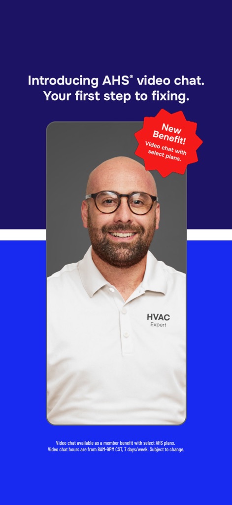 AHS: American Home Shield - この画面では、ビデオチャット機能を紹介するHVACエキスパートの画像と、「New Benefit!」の赤いバナーが表示され、ユーザーは新しいサービスをすぐに認識できます。