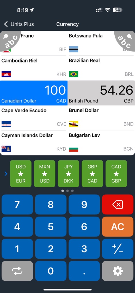 Unit Converter - Best Unit App - Experience real-time currency conversion, featuring comprehensive country flags for each currency and an intuitive numerical keypad for seamless input.