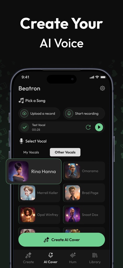 Beatron : AI Song, Music Maker - Die Ansicht "Create Your AI Voice" enthüllt die Möglichkeit, eine eigene Aufnahme hochzuladen oder eine von vielen professionellen KI-Stimmenprofilen wie 'Rina Hanna' für Song-Cover auszuwählen.